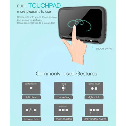 H18+ Compact Wireless Keyboard for TV Control with Touchpad showing fingertip using full touchpad and common gesture icons