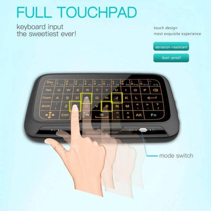 H18+ Compact Wireless Keyboard for TV Control with Touchpad showing full touchpad keyboard and hand gesture for navigation