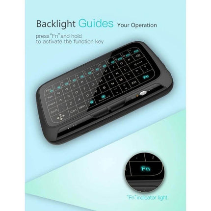 H18+ Compact Wireless Keyboard for TV Control with Touchpad showing backlit keys and built-in touchpad for smart TV navigation