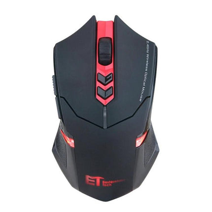 ET Wireless Gaming Mouse for Precise Computer Control - black wireless gaming mouse with adjustable DPI buttons, ergonomic design, red accents and LED lights