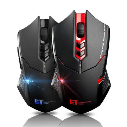 ET Wireless Gaming Mouse for Precise Computer Control - sleek black wireless gaming mouse with red accents and adjustable DPI, battery-saving sleep mode