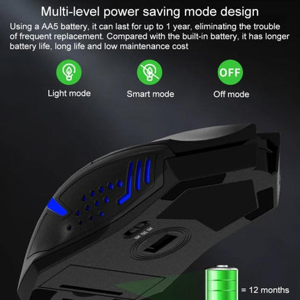 ET Wireless Gaming Mouse for Precise Computer Control showing black ergonomic mouse with blue LED accents, multi-level power saving modes and 12-month AA battery life