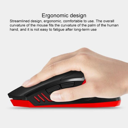 ET Wireless Gaming Mouse for Precise Computer Control ergonomic black and red mouse shown in hand with side buttons and adjustable DPI