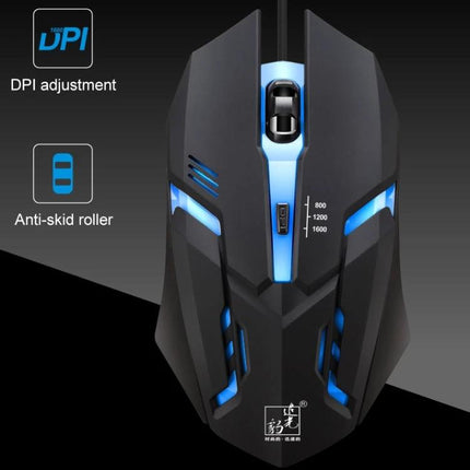Chasing Leopard K2 Wired Gaming Mouse with LED Lighting showing black ergonomic design, blue LED accents, DPI adjustment and anti-skid roller