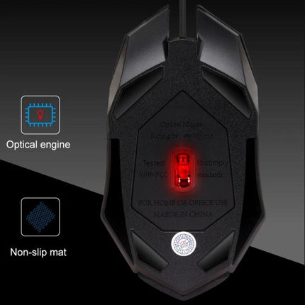Chasing Leopard K2 Wired Gaming Mouse with LED Lighting bottom view showing optical engine and non-slip mat
