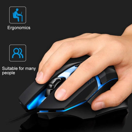 Chasing Leopard K2 Wired Gaming Mouse with LED Lighting shown in hand highlighting ergonomic shape and blue LED accents