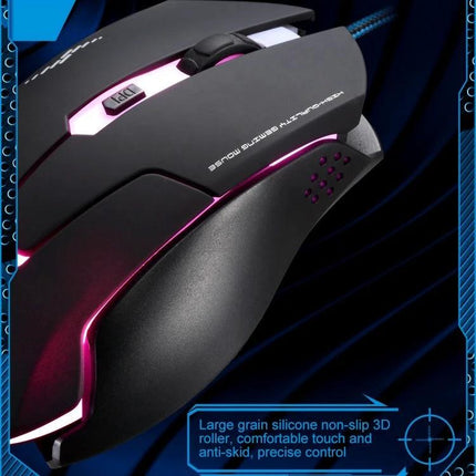 Chasing Leopard Wired Optical Gaming Mouse with Adjustable Backlight showing matte black ergonomic design, DPI button and pink adjustable backlight