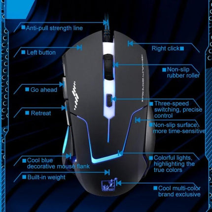 Chasing Leopard Wired Optical Gaming Mouse with Adjustable Backlight showing black ergonomic design, multicolor LED strip, DPI button and side controls