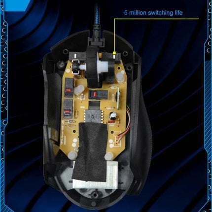 Chasing Leopard Wired Optical Gaming Mouse with Adjustable Backlight internal PCB and switches exposed, braided cable and adjustable DPI components