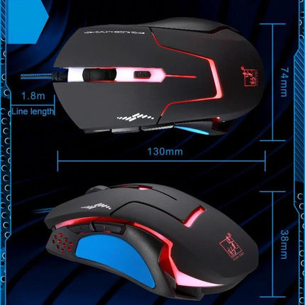 Chasing Leopard Wired Optical Gaming Mouse with Adjustable Backlight showing black ergonomic design, red LED accents, DPI button and measurements