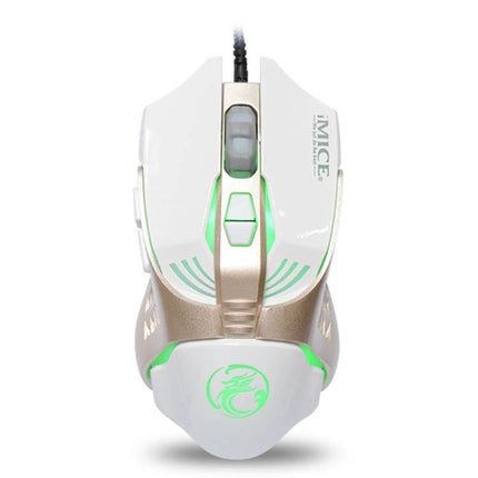 iMICE V5 Wired Optical Gaming Mouse for PCs and Laptops in Black - white/gold gaming mouse with green LED lighting and multiple buttons