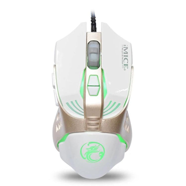 iMICE V5 Wired Optical Gaming Mouse for PCs and Laptops in Black - white/gold gaming mouse with green LED lighting and multiple buttons
