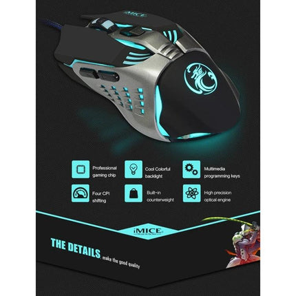 iMICE V5 Wired Optical Gaming Mouse for PCs and Laptops in Black - wired gaming mouse with 7 buttons, RGB backlight and ergonomic design