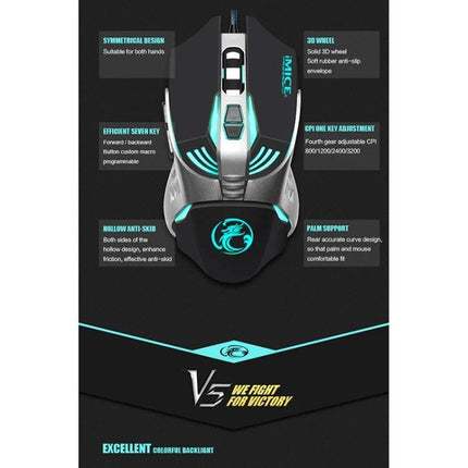 iMICE V5 Wired Optical Gaming Mouse for PCs and Laptops in Black - ergonomic black gaming mouse with RGB lights, 7 programmable buttons, adjustable DPI