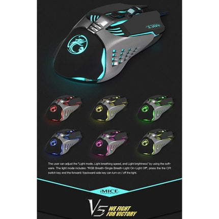 iMICE V5 Wired Optical Gaming Mouse for PCs and Laptops in Black - black wired gaming mouse with RGB lighting and seven-button ergonomic design for long sessions