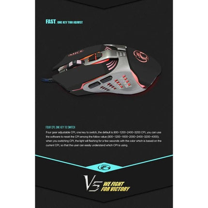 iMICE V5 Wired Optical Gaming Mouse for PCs and Laptops in Black - ergonomic 7-button wired gaming mouse with RGB accents for precise FPS control