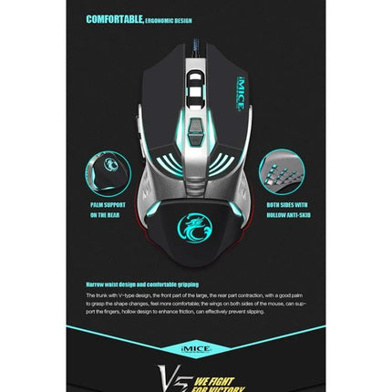 iMICE V5 Wired Optical Gaming Mouse for PCs and Laptops in Black - black ergonomic 7-button wired gaming mouse with RGB accents