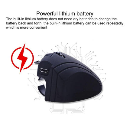 Rechargeable Finger Ring Wireless Mouse with Dual Connectivity showing built-in lithium rechargeable battery and micro USB charging port