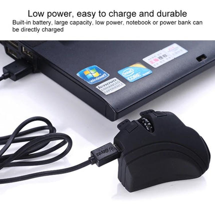Rechargeable Finger Ring Wireless Mouse with Dual Connectivity shown charging via USB cable next to a laptop, compact ring-style finger mouse