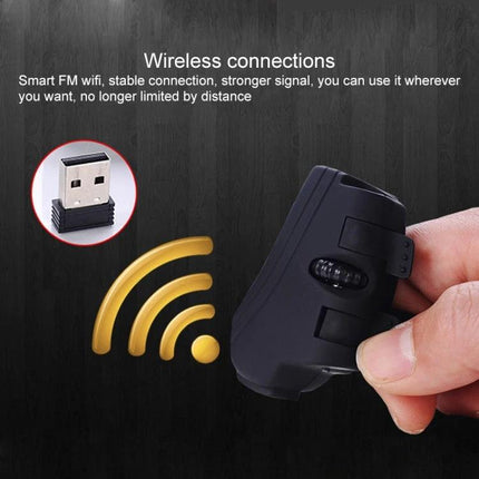 Rechargeable Finger Ring Wireless Mouse with Dual Connectivity held between fingers showing USB dongle and wireless signal icon