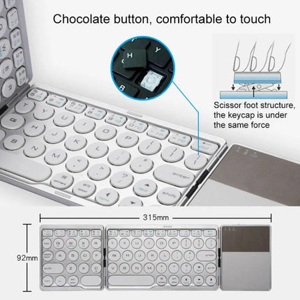 Rechargeable Wireless Bluetooth Keyboard with Touchpad for Devices - foldable slim layout with round chocolate keys and integrated touchpad, 315x92mm