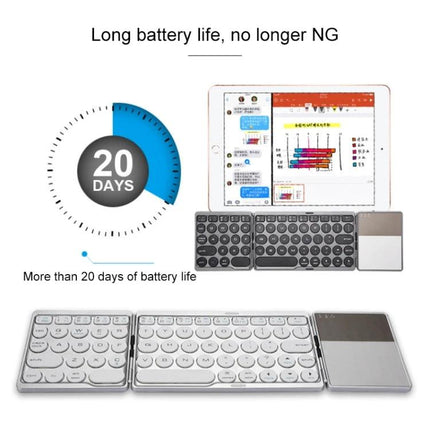 Rechargeable Wireless Bluetooth Keyboard with Touchpad for Devices showing long battery life 20 days and foldable layout with tablet
