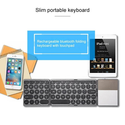 Rechargeable Wireless Bluetooth Keyboard with Touchpad for Devices slim folding Bluetooth keyboard with touchpad beside tablet and phone