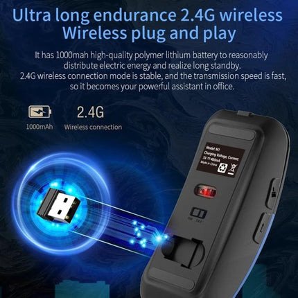 Boeleo Wireless Mouse with Voice Language Translation Capability showing 2.4G USB dongle, battery icon and rear view of mouse features