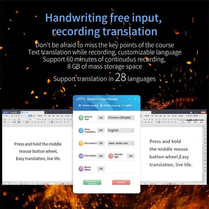 Boeleo Wireless Mouse with Voice Language Translation Capability showing app interface, handwriting-free input and 28-language translation support