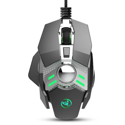 HXSJ Programmable Mechanical Mouse for Gaming and Everyday Use - top view black gaming mouse with seven macro keys and green LED accents