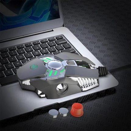 HXSJ Programmable Mechanical Mouse for Gaming and Everyday Use - futuristic grey gaming mouse with green LEDs on laptop, seven macro keys