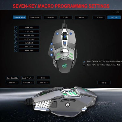HXSJ Programmable Mechanical Mouse for Gaming and Everyday Use showing seven-key macro programming interface and ergonomic design