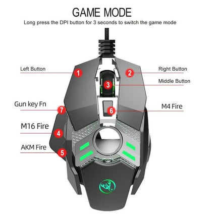 HXSJ Programmable Mechanical Mouse for Gaming and Everyday Use - top view showing labeled buttons, DPI, 7 macro keys and game mode instructions