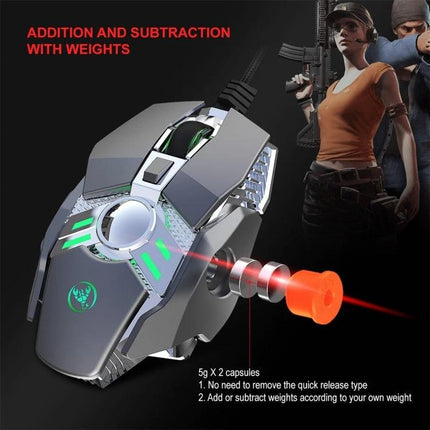 HXSJ Programmable Mechanical Mouse for Gaming and Everyday Use - silver gaming mouse with adjustable weights, RGB lights and seven programmable macro buttons