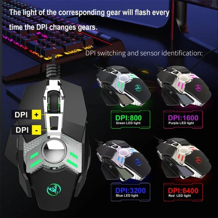 HXSJ Programmable Mechanical Mouse for Gaming and Everyday Use showing DPI modes with colored LED indicators and seven programmable macro keys
