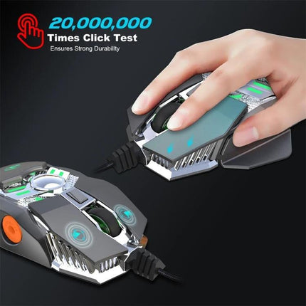 HXSJ Programmable Mechanical Mouse for Gaming and Everyday Use showing hand using mouse with illuminated buttons and 20,000,000 click test durability