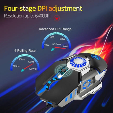 HXSJ J700 Wired Gaming Mouse with Colorful Breathing Lights showing four-stage DPI adjustment up to 6400 and polling rate indicators