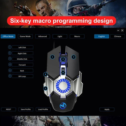 HXSJ J700 Wired Gaming Mouse with Colorful Breathing Lights showing six-key macro programming design and adjustable DPI settings