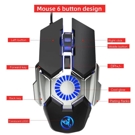 HXSJ J700 Wired Gaming Mouse with Colorful Breathing Lights — six-button ergonomic wired gaming mouse with adjustable DPI, blue breathing LED and translucent logo