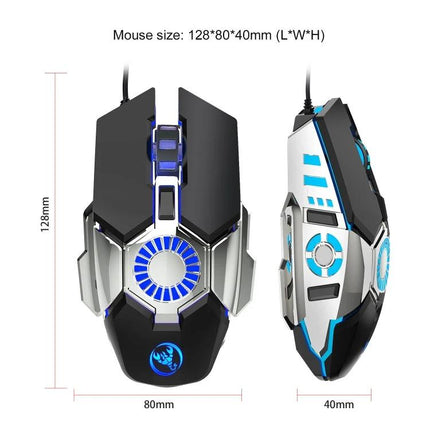 HXSJ J700 Wired Gaming Mouse with Colorful Breathing Lights – black and silver ergonomic wired mouse with blue LED accents and adjustable DPI markings