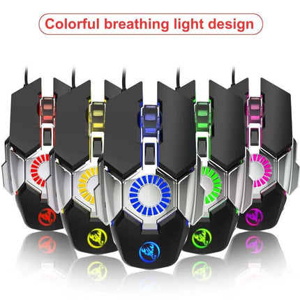 HXSJ J700 Wired Gaming Mouse with Colorful Breathing Lights showing multiple RGB color options and adjustable DPI for precise gaming control