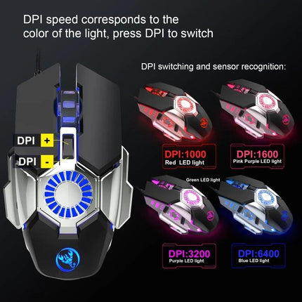 HXSJ J700 Wired Gaming Mouse with Colorful Breathing Lights showing DPI color indicators 1000-6400 and adjustable DPI switch
