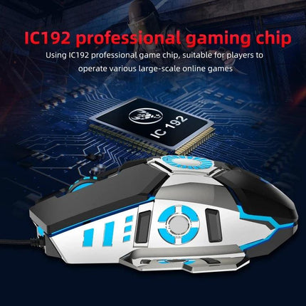 HXSJ J700 Wired Gaming Mouse with Colorful Breathing Lights showing IC192 chip and blue LED accents, wired gaming mouse with adjustable DPI and ergonomic design