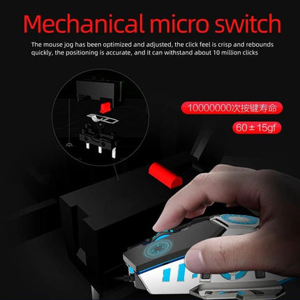 HXSJ J700 Wired Gaming Mouse with Colorful Breathing Lights showing mechanical micro switch, adjustable DPI and ergonomic grip for gaming
