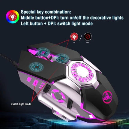 HXSJ J700 Wired Gaming Mouse with Colorful Breathing Lights showing adjustable DPI buttons and switchable RGB breathing light modes