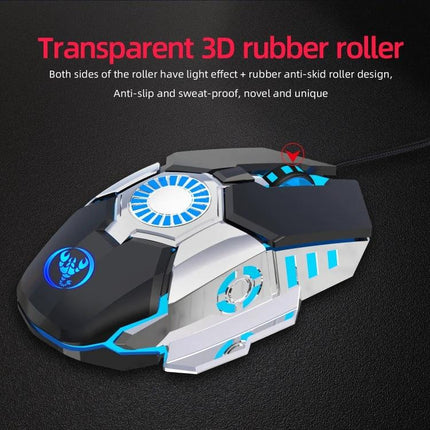 HXSJ J700 Wired Gaming Mouse with Colorful Breathing Lights showing black and silver wired mouse with blue LED breathing lights and transparent 3D rubber roller