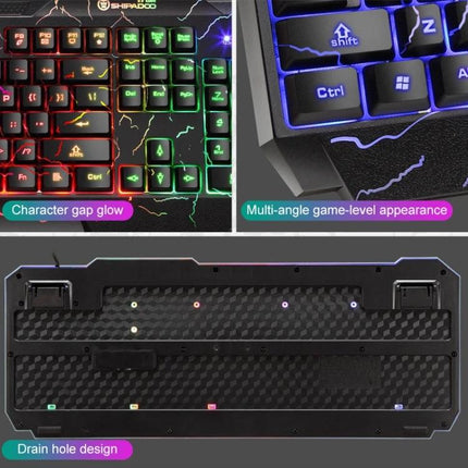 Shipadoo Gaming Keyboard and Mouse Kit for PC and Laptop - wired RGB keyboard close-up, adjustable gaming mouse and durable drain-hole design