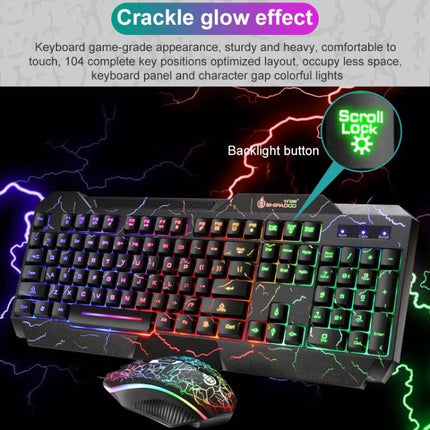 Shipadoo Gaming Keyboard and Mouse Kit for PC and Laptop showing wired RGB keyboard with crackle glow effect and matching adjustable mouse