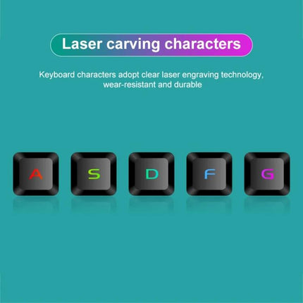 Shipadoo Gaming Keyboard and Mouse Kit for PC and Laptop showing laser-carved RGB WASD-like keys with durable, wear-resistant engraved characters