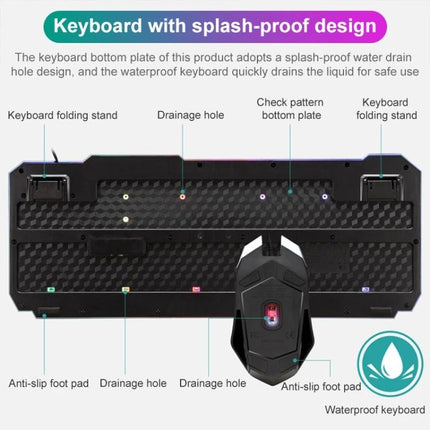 Shipadoo Gaming Keyboard and Mouse Kit for PC and Laptop - wired splash-proof keyboard bottom with drainage holes and adjustable mouse
